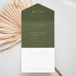 Tout En Un Invitation Mariage de monogramme moderne Olive Green et Gold 
