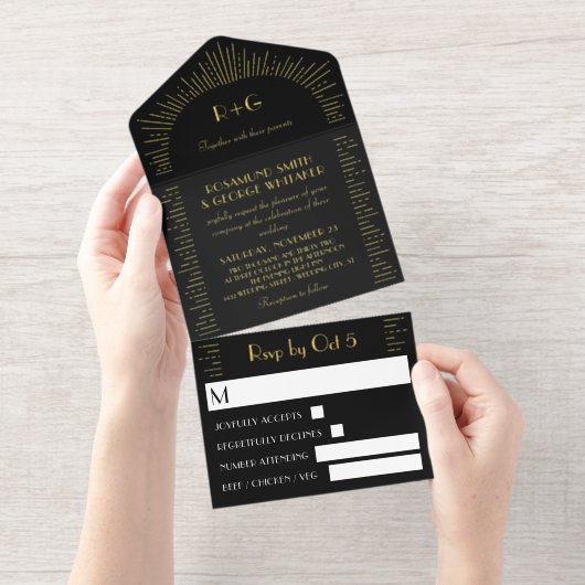 Tout En Un Invitation Mariage de monogramme noir rétrograde Golden Sunbu (Détachable)