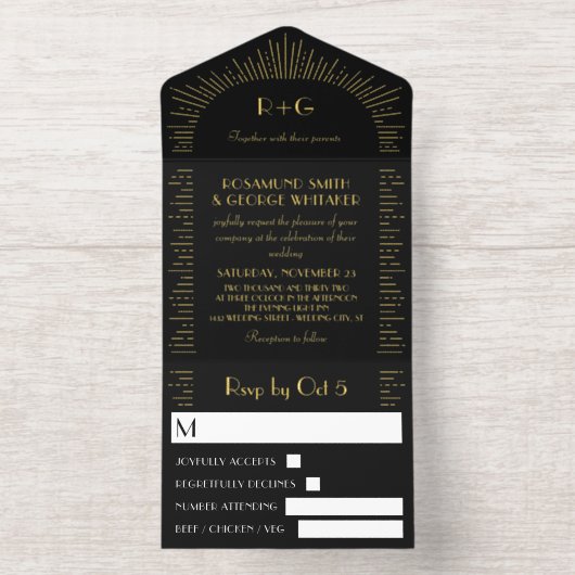 Tout En Un Invitation Mariage de monogramme noir rétrograde Golden Sunbu (Intérieur)