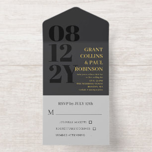 Tout En Un Invitation Mariage Élégant Typographie Charbon & Or