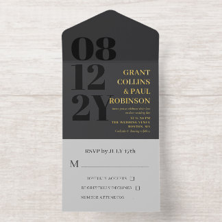 Tout En Un Invitation Mariage Élégant Typographie Charbon & Or