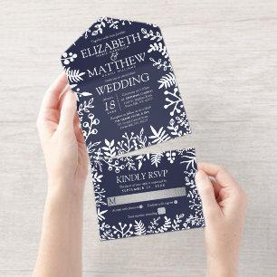 Tout En Un Invitation Mariage floral bleu marine et véritable huile d'ar