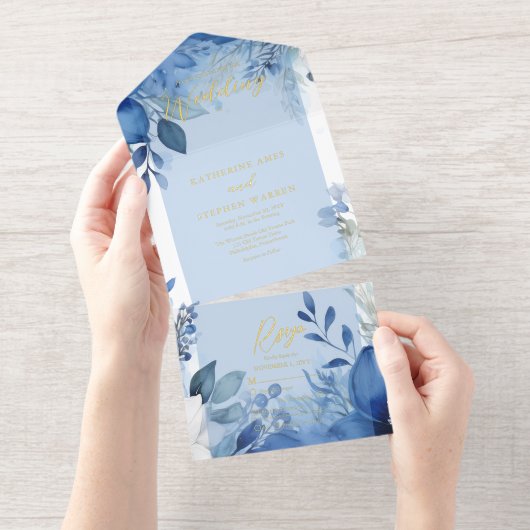 Tout En Un Invitation Mariage Floral Bleu Maximaliste Élégant (Détachable)