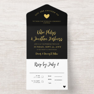 Tout En Un Invitation Mariage Informel Black Gold Heart Brush Script