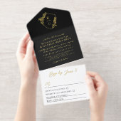 Tout En Un Invitation Mariage Monogramme Bouclier Orné de Feuille d'Or N (Détachable)