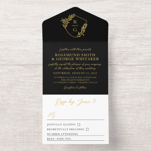 Tout En Un Invitation Mariage Monogramme Bouclier Orné de Feuille d'Or N (Intérieur)