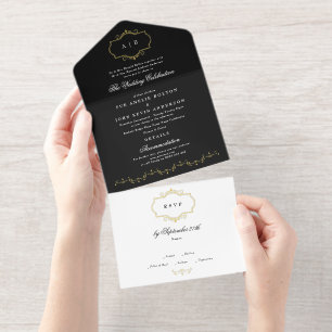 Tout En Un Invitation mariage monogramme noir blanc formel en or crest