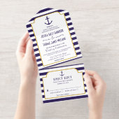 Tout En Un Invitation Mariage Navy & Ancre à rayure blanche (Détachable)