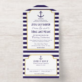 Tout En Un Invitation Mariage Navy & Ancre à rayure blanche (Intérieur)
