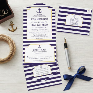 Tout En Un Invitation Mariage Navy & Ancre à rayure blanche