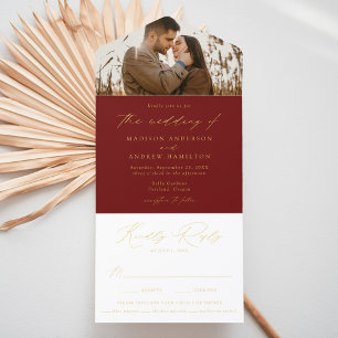 Tout En Un Invitation Mariage photo moderne Burgundy Gold Foil Script