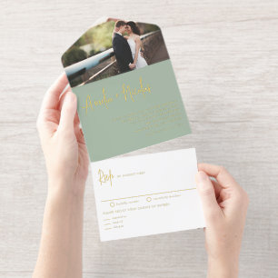 Tout En Un Invitation Mariage Photo Typographie Écriture Manuscrite Vert