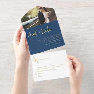 Tout En Un Invitation Marine Blue écriture manuscrite Typographie Mariag