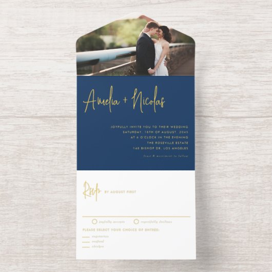 Tout En Un Invitation Marine Blue écriture manuscrite Typographie Mariag (Intérieur)