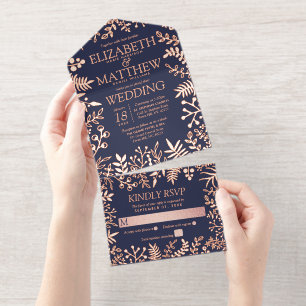 Tout En Un Invitation Marine Blue & Real Rose Gold Foil Mariage Floral
