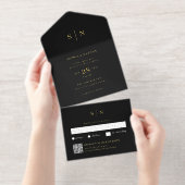 Tout En Un Invitation Minimaliste et Chic Noir | Code QR Mariage Feuille (Détachable)
