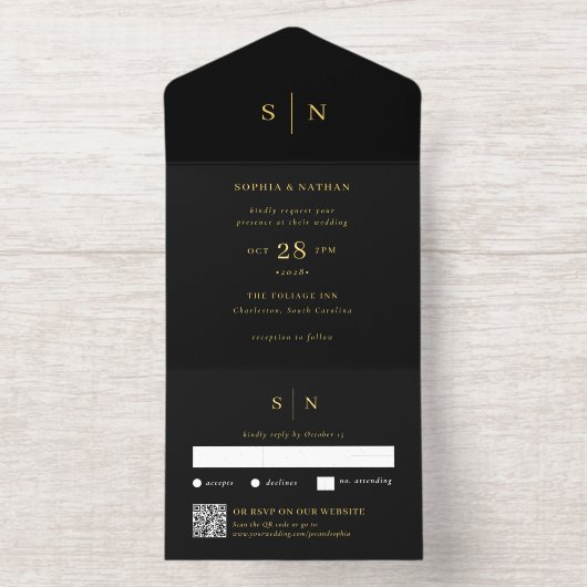Tout En Un Invitation Minimaliste et Chic Noir | Code QR Mariage Feuille (Intérieur)