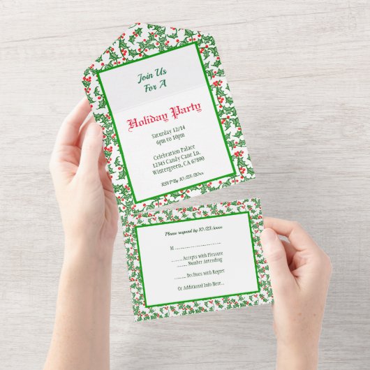 Tout En Un Invitation Modifiable Vert Feuillage Baies Rouges (Déchirure)