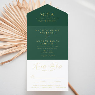 Tout En Un Invitation Monogramme moderne vert et or Mariage