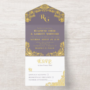 Tout En Un Invitation Monogramme Rose de l'huile dorée Dusty Lavender