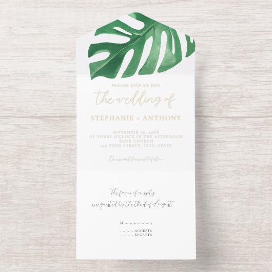 Tout En Un Invitation Monstère tropicale verte Feuille Mariage d'été (Intérieur)
