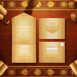 Tout En Un Invitation Motifs Hiéroglyphiques Dorés Anciens Mariage Feuil