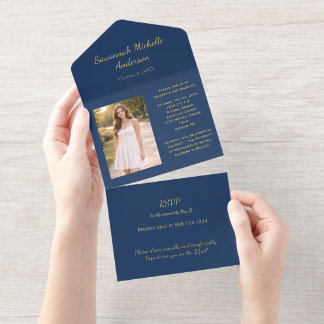 Tout En Un Invitation Navy Blue Gold Foil Photo Graduation All In One