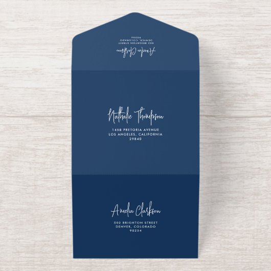 Tout En Un Invitation Navy Blue Handwriting Modern Typography Wedding (Extérieur)