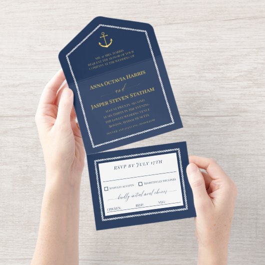 Tout En Un Invitation Navy Gold Anchor Nautical Wedding  (Détachable)
