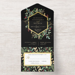 Tout En Un Invitation Noël Vert doré sur Mariage noir   Doré