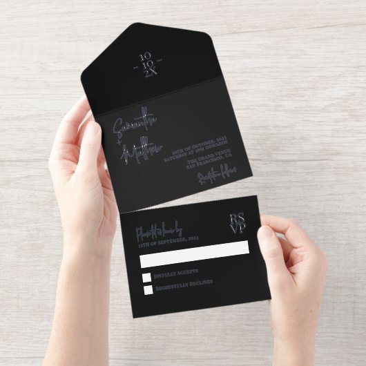 Tout En Un Invitation Noir simple minimaliste moderne Mariage à huile d' (Détachable)
