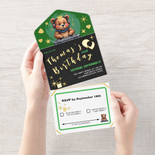 Tout En Un Invitation Ours grizzly souriant DJ, Jungle musical / Anniver