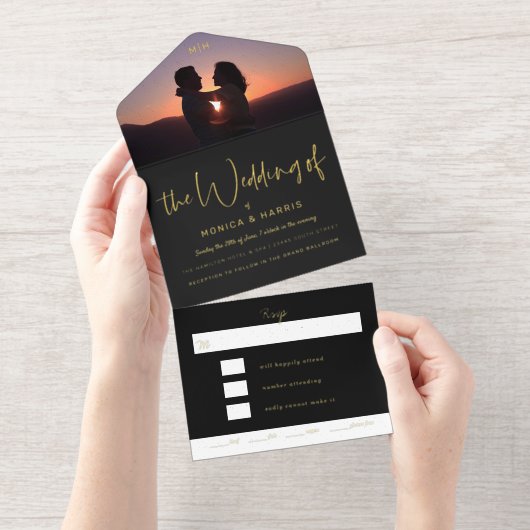 Tout En Un Invitation Photo Flap Black Wedding Foil (Détachable)