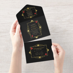 Tout En Un Invitation Poker de Casino en Feuille Réelle Mariage Art Déco