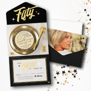 Tout En Un Invitation Retro Gold Foil Vinyl Record 50e fête d'anniversai