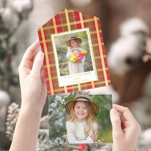 Tout En Un Invitation Rouge et Or Chaud Plaid Rustique Photo Foil