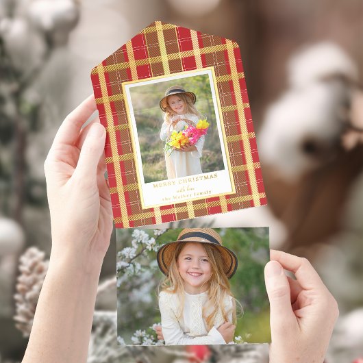 Tout En Un Invitation Rouge et Or Chaud Plaid Rustique Photo Foil