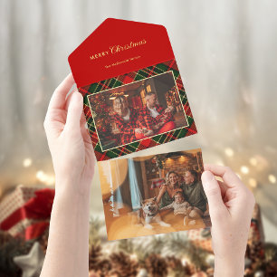 Tout En Un Invitation Rouge, Vert, Or Plaid de Noël Classique 1-Photo