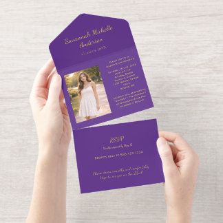 Tout En Un Invitation Royal Purple Gold Foil Photo Graduation All In One
