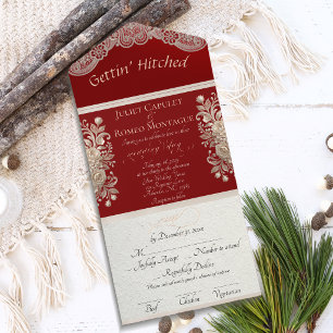 Tout En Un Invitation Ruban et dentelle Gettin' Hitched - Rouge