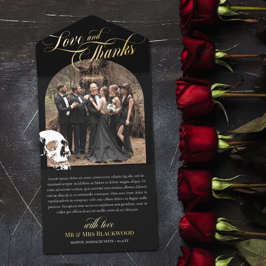 Tout En Un Invitation Skull Goth Halloween Wedding Love Thanks Gold