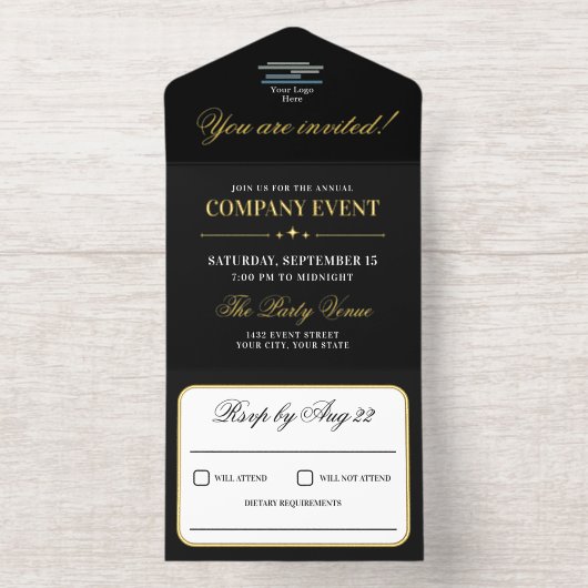 Tout En Un Invitation Sophisticated Elegant Corporate Event Logo Gold (Intérieur)