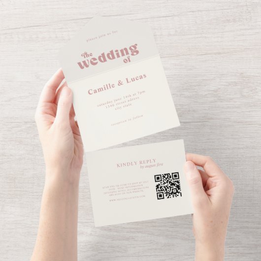 Tout En Un Invitation tout-en-un avec code QR Rose Poussière (Déchirure)