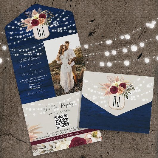 Tout En Un Invitation tout-en-un code QR Navy rustique
