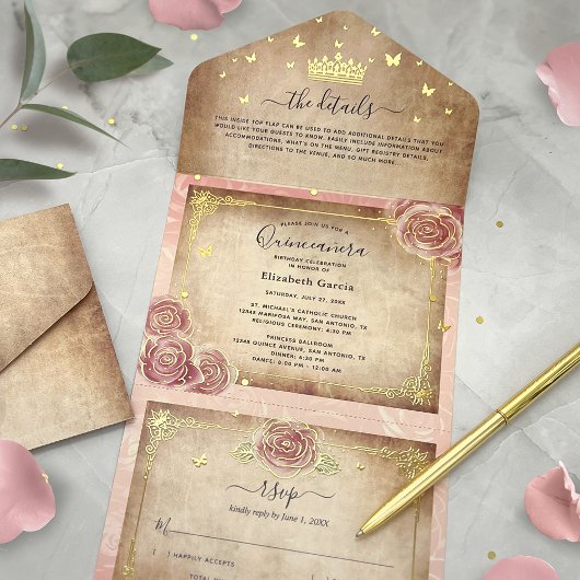 Tout En Un Invitation Véritable huile d'or Blush Rose Quinceanera