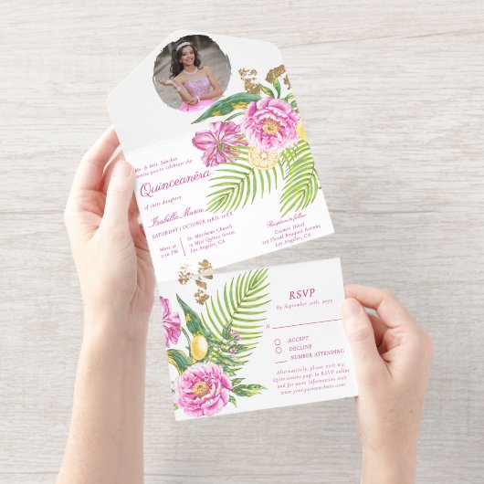 Tout En Un Invitation Watercolor Floral Pink Peonies Photo Quinceañera (Détachable)