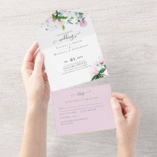 Tout En Un Magnolias rose Floral et Mariage Jaune Invitation