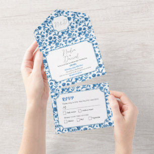 Tout En Un Mariage Chintz Blue & White Floral Invitation & RS