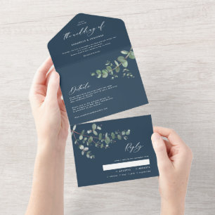 Tout En Un Mariage Eucalyptus botanique bleu invitation + rsv