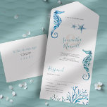 Tout En Un Modern Coastal Wedding All In One Invitation<br><div class="desc">New beach theme trifold wedding invitations and rsvp card all in one in a coastal design. Details are set in a handwritten script typography in a sea glass turquoise blue with a traditional serif face font. A replica of my original watercolor seahorse, starfish and coral reef in shades of blues...</div>